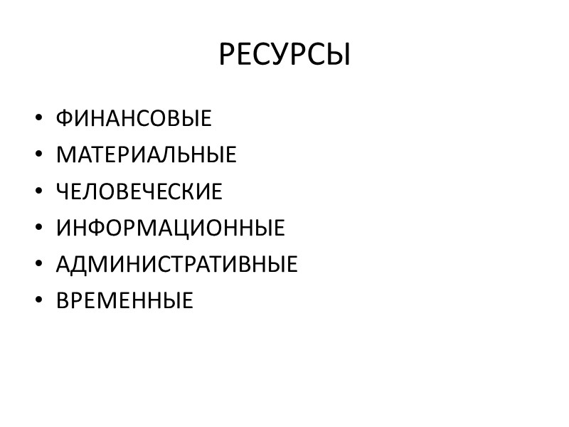 РЕСУРСЫ ФИНАНСОВЫЕ МАТЕРИАЛЬНЫЕ ЧЕЛОВЕЧЕСКИЕ ИНФОРМАЦИОННЫЕ АДМИНИСТРАТИВНЫЕ ВРЕМЕННЫЕ